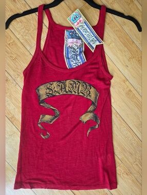 L.A.M.B. by Gwen Stefani Red Graphic Ribbon Banner Tank Top XS